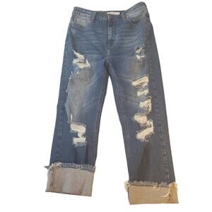 Cello High Rise Stretch Cuff Capri Distressed Medium Wash Denim Jeans Sz 11